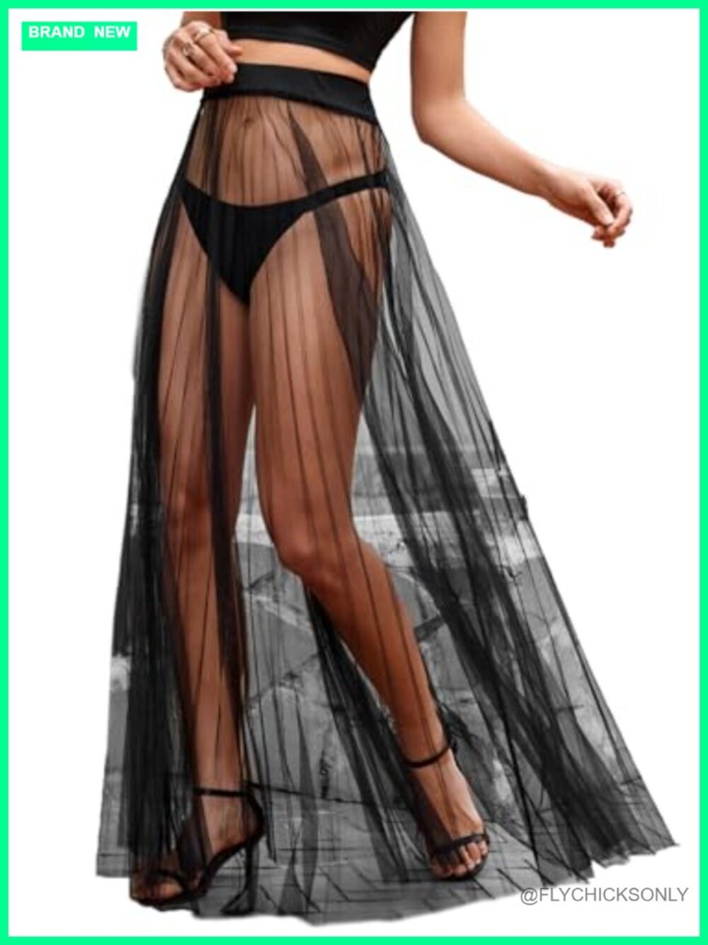 Women's Sheer Mesh High Waist A-Line Flowy Maxi Skirt See-Through
